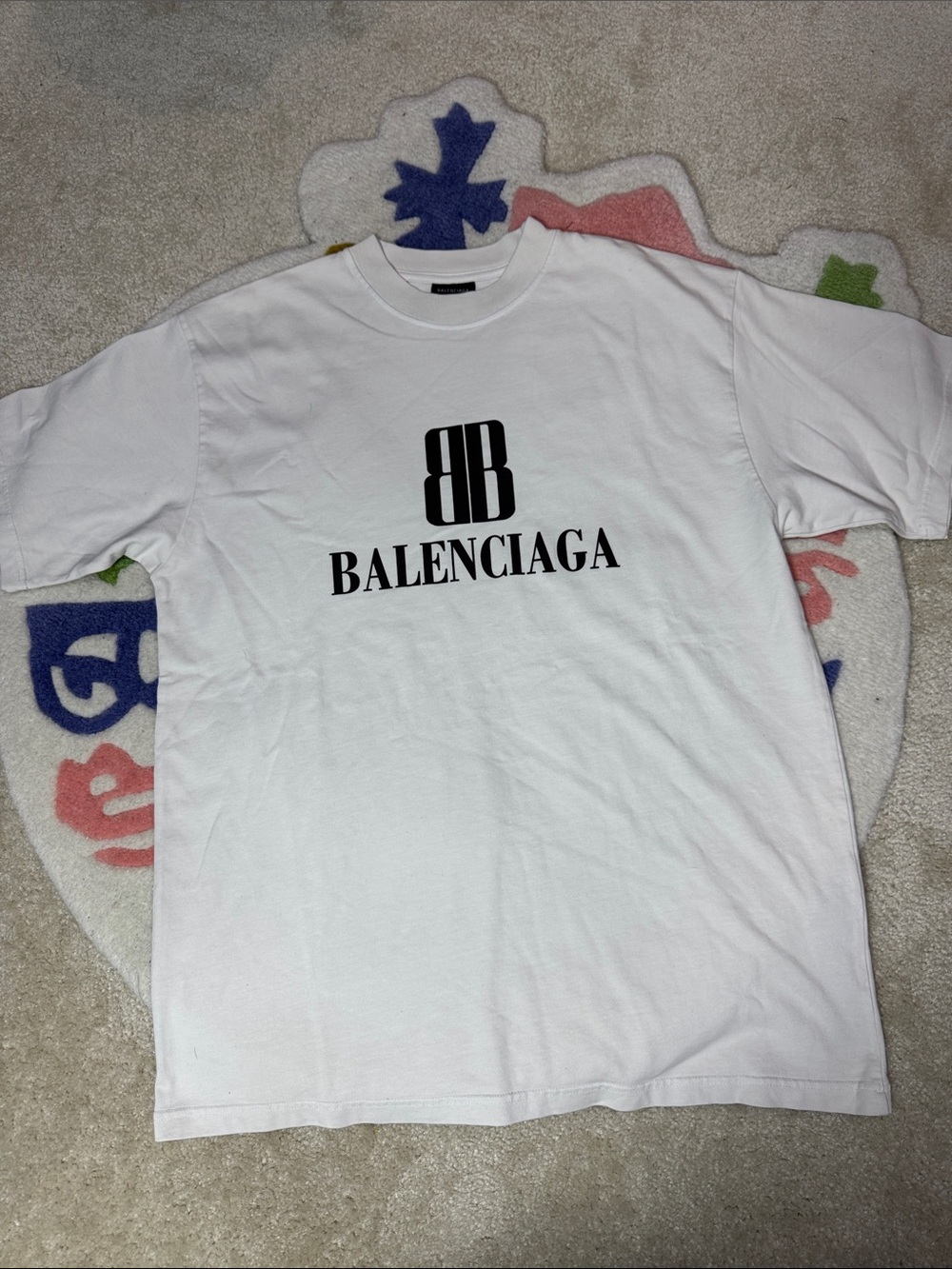 Balenciaga White Short Sleeve Logo Tee with Black Print